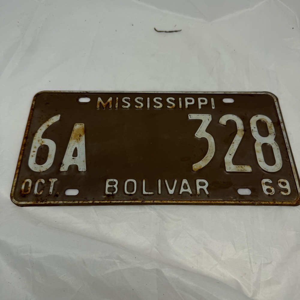Vintage 1969 Mississippi License Plate Bolivar County Brown 6A 328 Oct 69